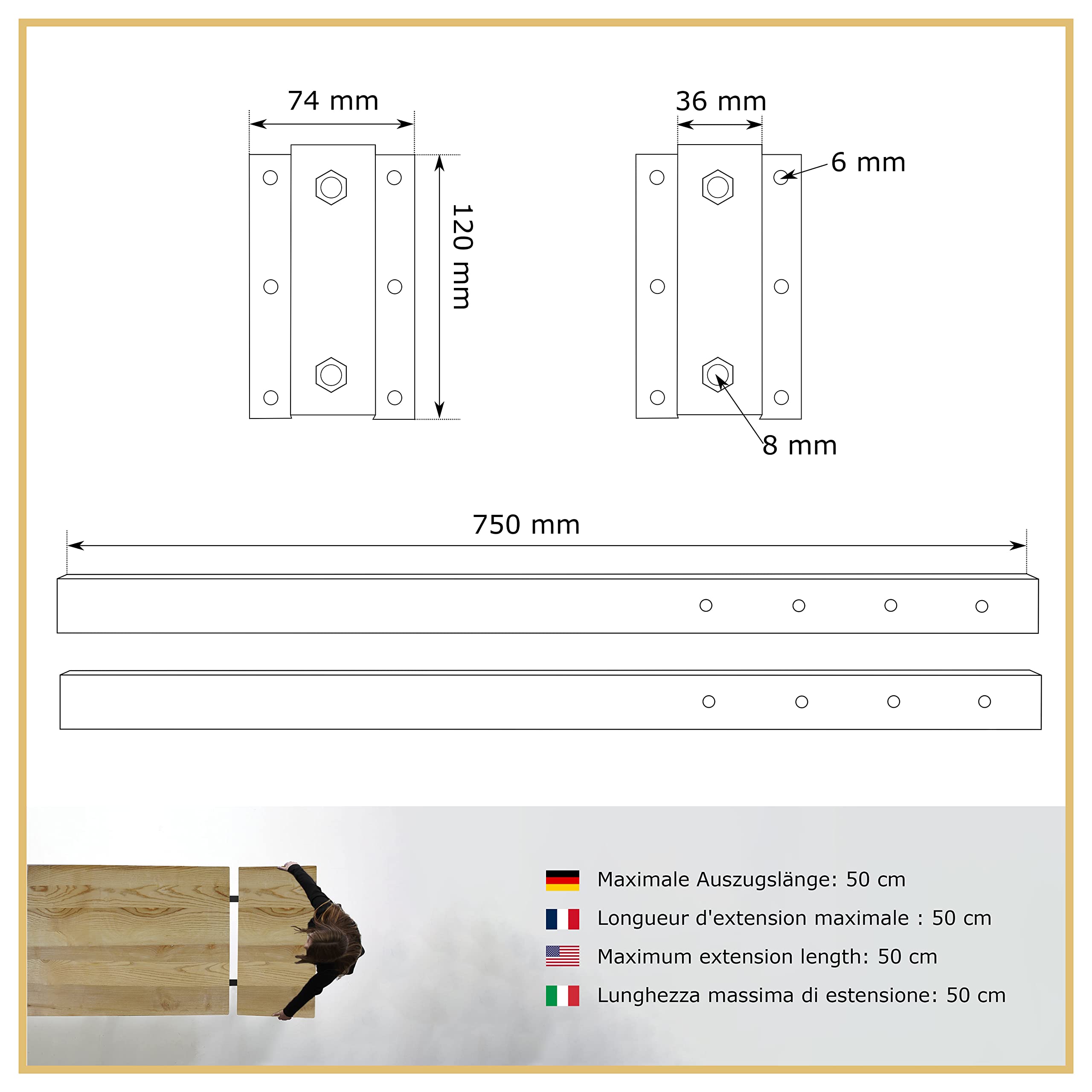 Magnetic Mobel Tafelbladverlenging, stevige uitbreidingsplaat, metalen insteekarmen voor eettafel, bureau, vergadertafel, keukentafel, zwart