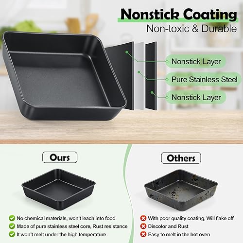 Miniatura 4 de TeamFar Molde cuadrado para pasteles de 9 x 9 pulgadas con tapa, sartén cuadrada antiadherente para hornear, con núcleo de acero inoxidable para