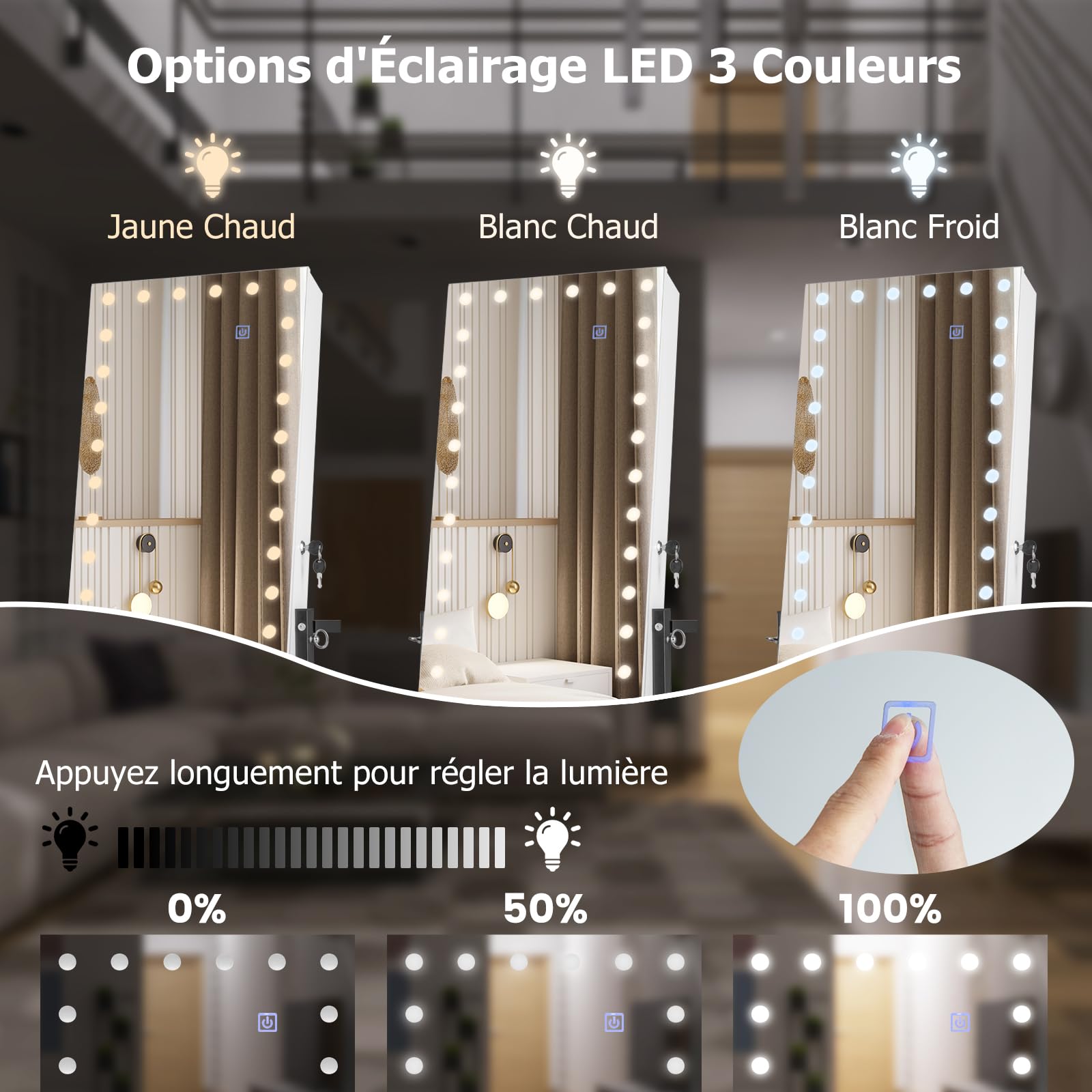 RELAX4LIFE Armoire à Bijoux sur Pied à Roues, Miroir Rangement Bijoux avec LED 3 Couleurs, Hauteurs & Angles Réglables, Étagère Inférieure, Meuble Bijoux pour Chambre Dressing(Blanc)