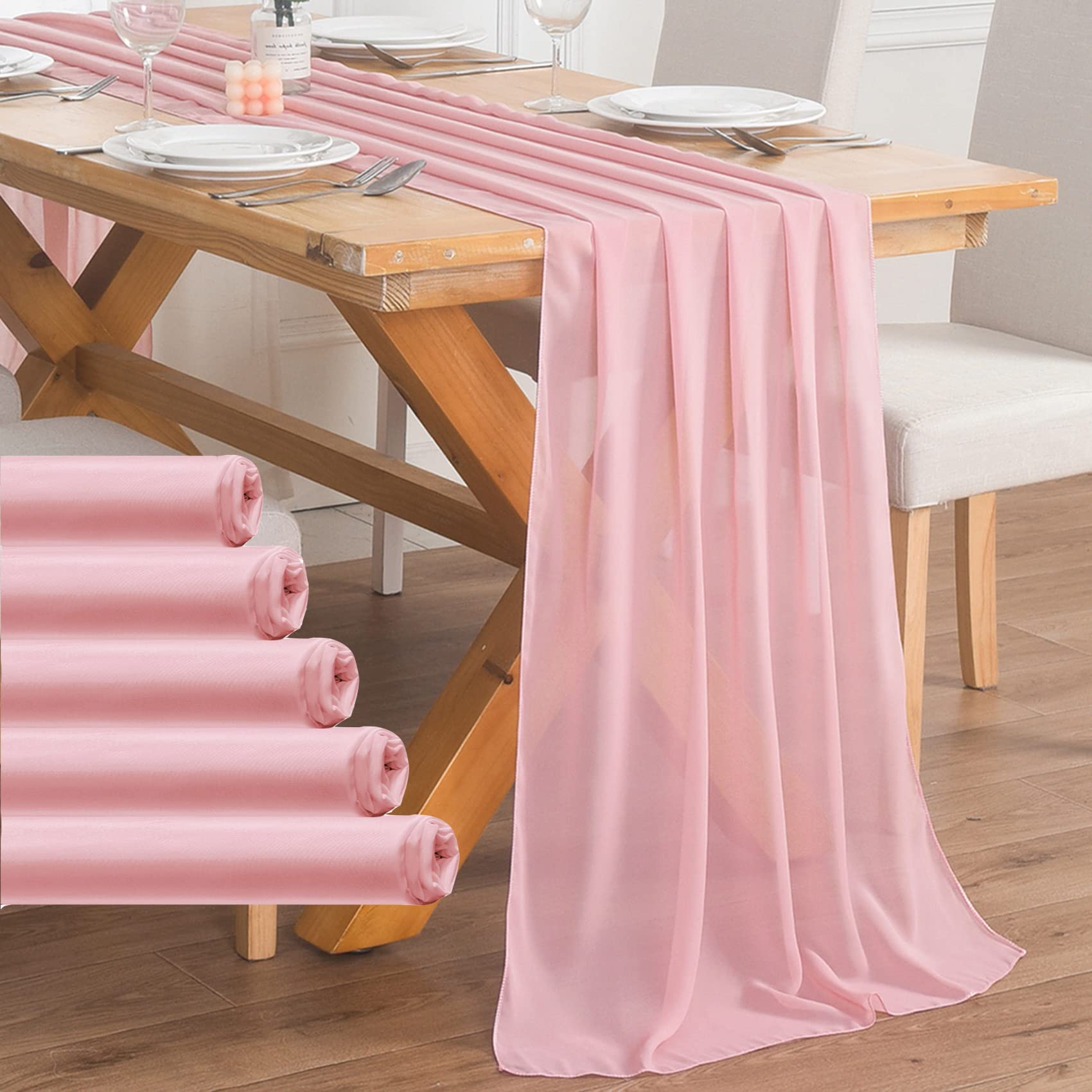 RuiYok Paquete De 2 Caminos De Mesa De Gasa Rosa Rubor De 10 Pies De 30 X 120 Pulgadas, Decoración Romántica De Mesa Transparente De Tul Largo Para Bodas, Despedidas De