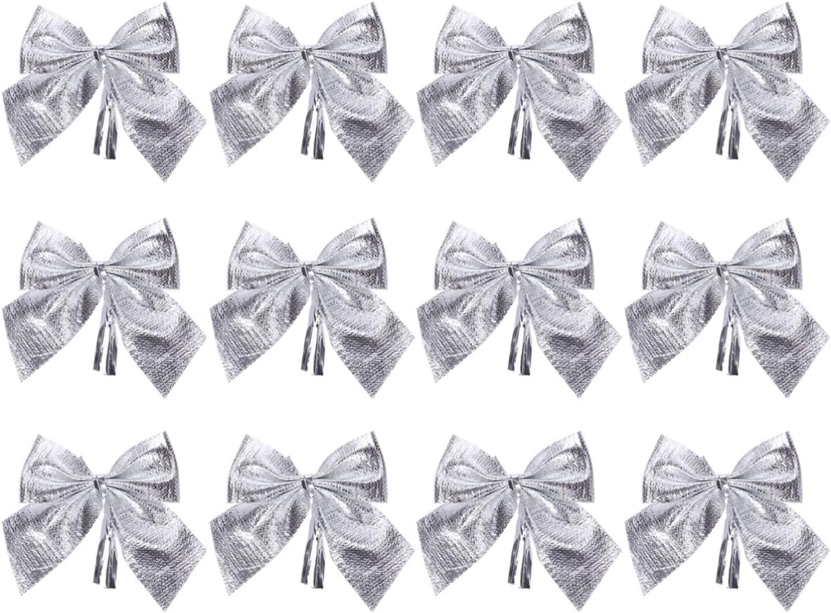 12Pcs Silver Bows 2.6X 2.2 Inch Glitter Bow Ties for Christmas Tree Ornaments Door Wreaths Decoration Gift Wrapping DIY Crafts