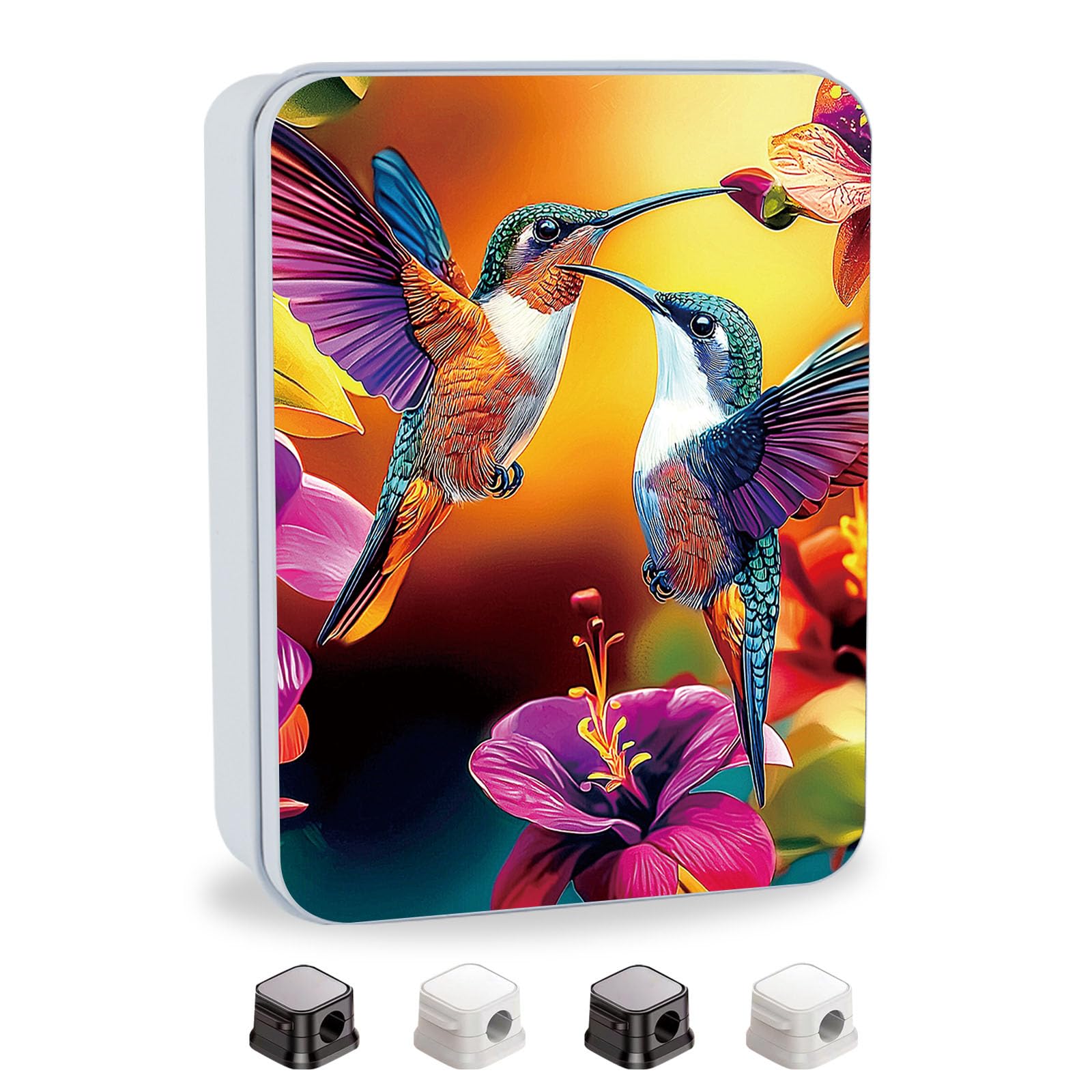 Metal Tin Box with Lid for Game Cards Home Organizer Candles Keys Crafts Storage - Equipped with 4 Magnetic Cord Clips，Hummingbirds and flowers