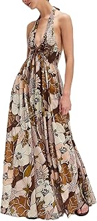Women Floral Maxi Dress Sexy Sleeveless Backless A-Line Long Flowy Dress Back Cut Out Spaghetti Strap Sundress