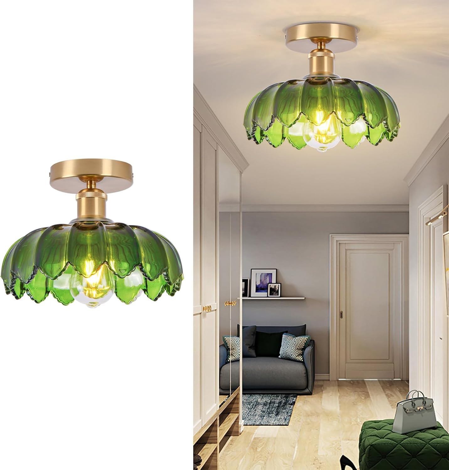 Chandelier, Flush Mount Ceiling Light, Green Glass Shade Light Fixture, 1 Light Lighting Fixture for Bedroom,Dining Room,Kitchen, Hallway (Green 4112GR)