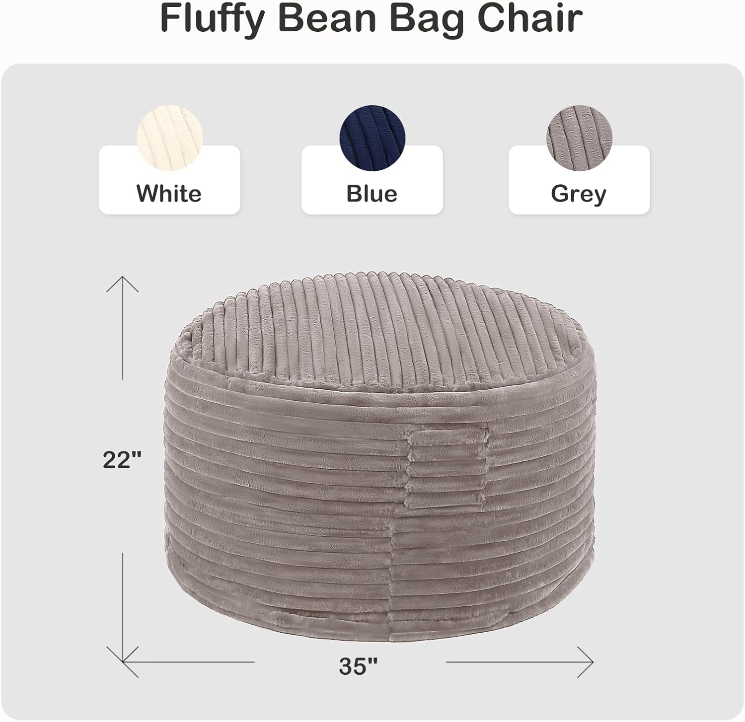 3FT Bean Bag Chair for Adults/Teens, Memory Foam Bean Bag Sofa with Fluffy Removable Cover, for Living Room, Bedroom, Dorm, Grey