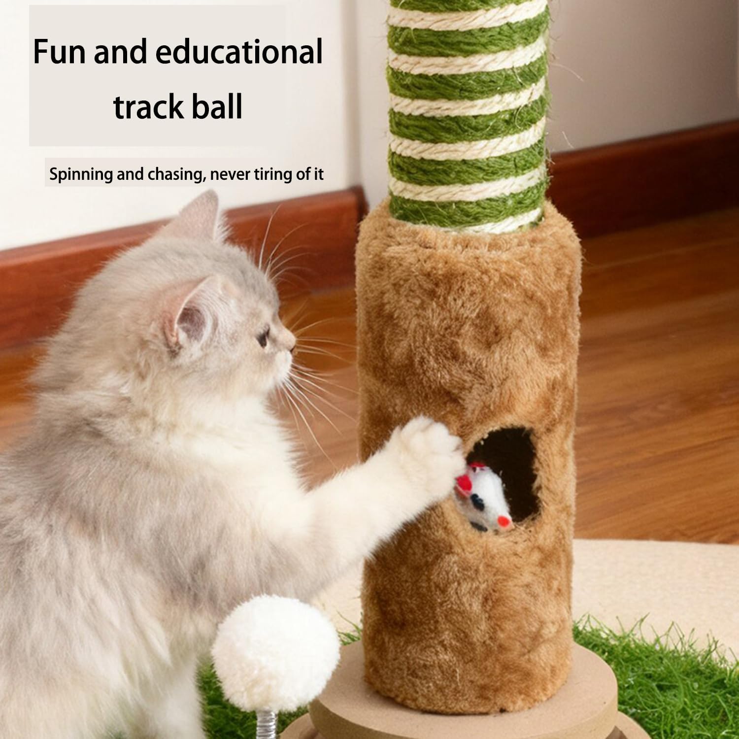 35" Tall Interactive Cat Scratching Post with Artificial Eucalyptus Leaves, Cat Tree with Wooden Track Balls and Natural Sisal Rope for Indoor Large Cats and Kittens