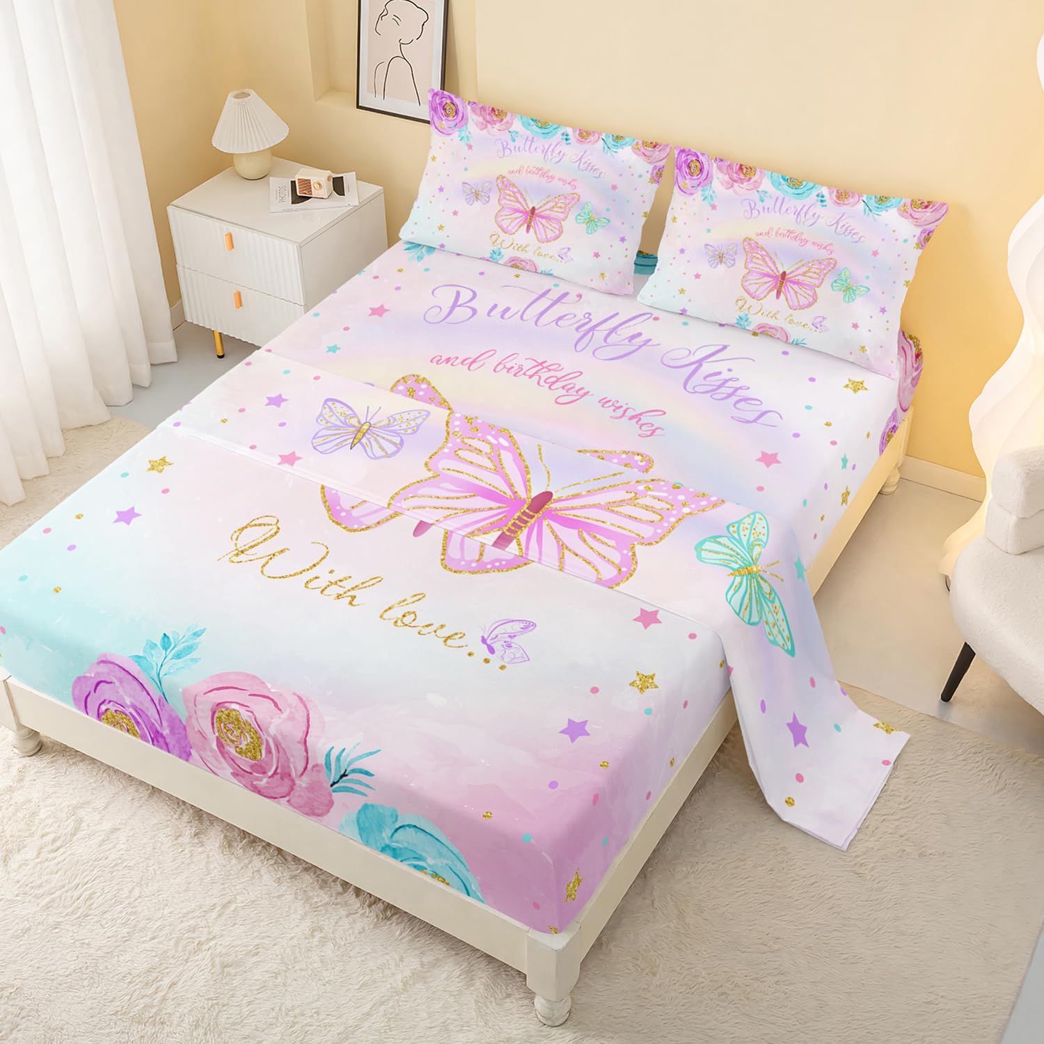 CVHOUSE Butterfly Fitted Sheet & Pillow Cases - Queen Size, 4 Piece Colorful Butterfly Bedding Set