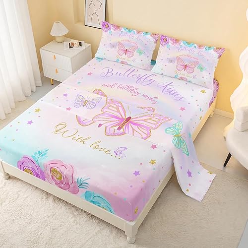 CVHOUSE Juego de sábanas bajeras y fundas de almohada con diseño de mariposa de 4 piezas, tamaño Queen, juego de cama de mariposa colorida