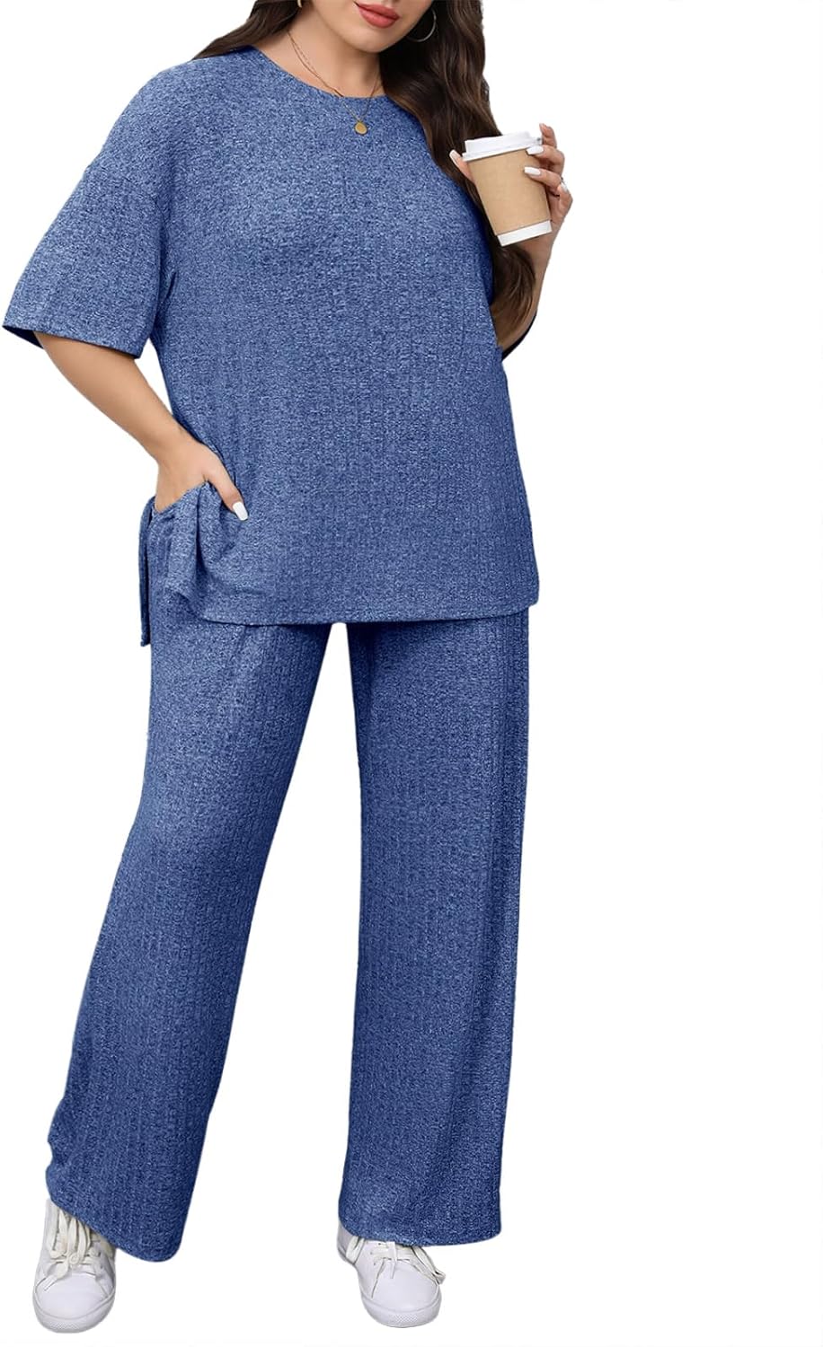 Beautife Womens Plus Size 2 Piece Lounge Sets Ribbed Short Sleeve Tops and Wide Leg Pants Set Travel Airport Outfits