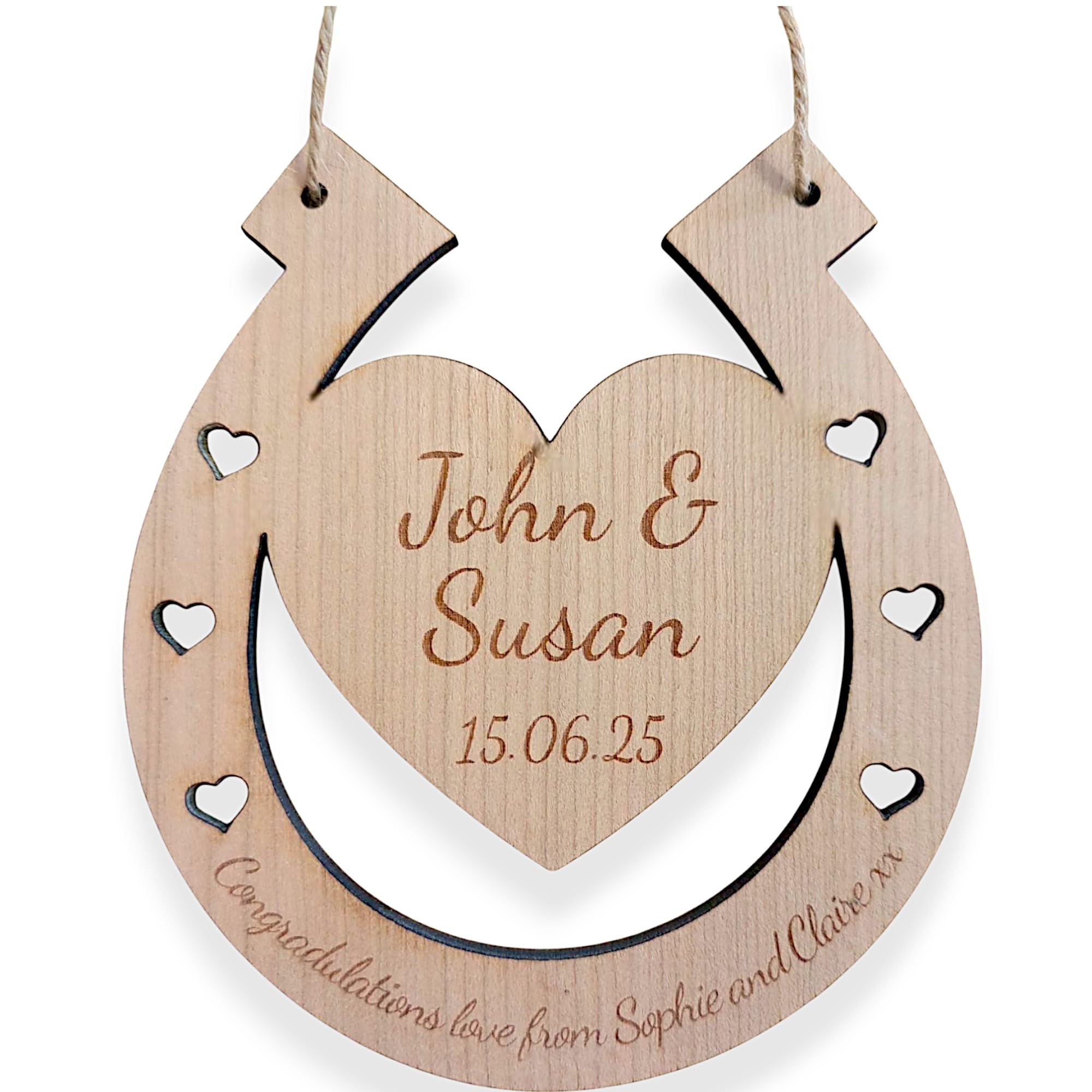 Laser Amore - Personalised Wedding Horseshoes for the Bride – Custom Engraved Cherry Veneer MDF with Names & Message – Good Luck Charm for Bride & Groom – Just Married Decorations