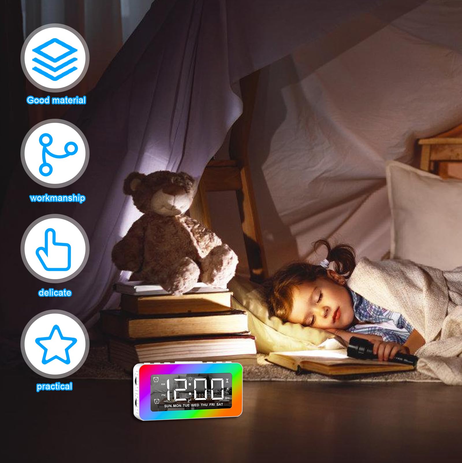 Sveglia per bambini, 8 colori di luce RGB, 1800 mAh, funzione snooze, 6