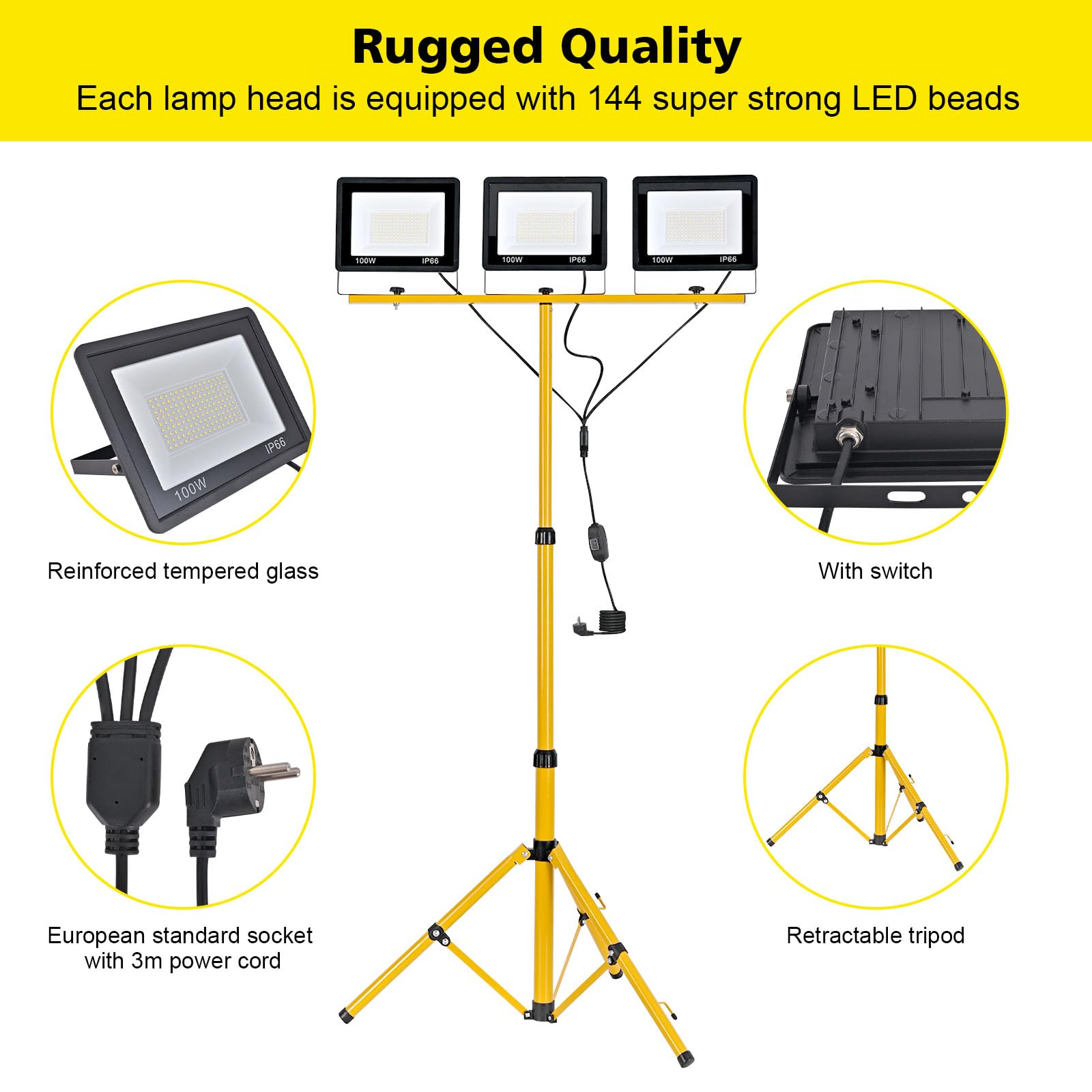 300W Projecteur LED Chantier avec Trépied Télescopique en Réglable, 30000LM Lampes de TravailF, Étanche IP66 Lampe Chantier Projecteur sur Pied, Câble 3M pour Garage, Chantier de Construction
