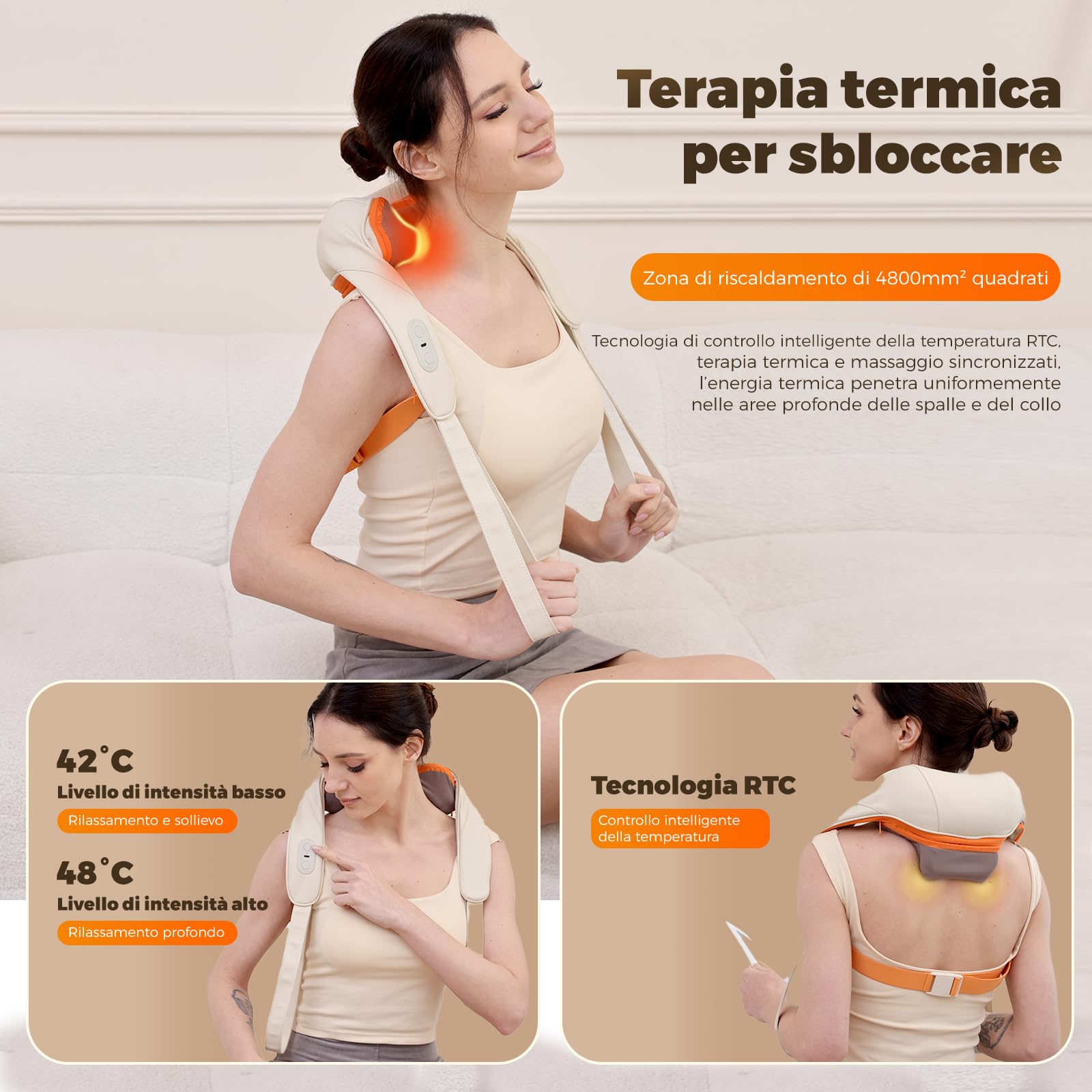 Massaggiatore per il collo con funzione riscaldante, massaggiatore Shiatsu senza fili con massaggio 4D dei tessuti profondi, per spalle, gambe, muscoli del corpo, sollievo
