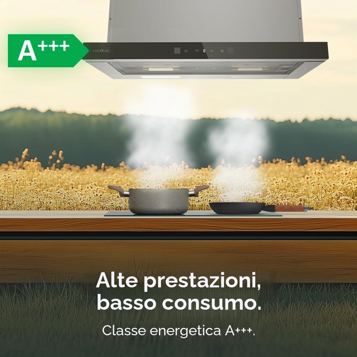 Cecotec Cappa Aspirante 70cm Telescopica Bolero Flux TLT 704400 Glass Black A+++. Aspirazione 431,2m³/h, Basso Consumo, Motore DC, Controllo Movimento e Touch, Vetro Frontale Nero, Corpo Acciaio Inox