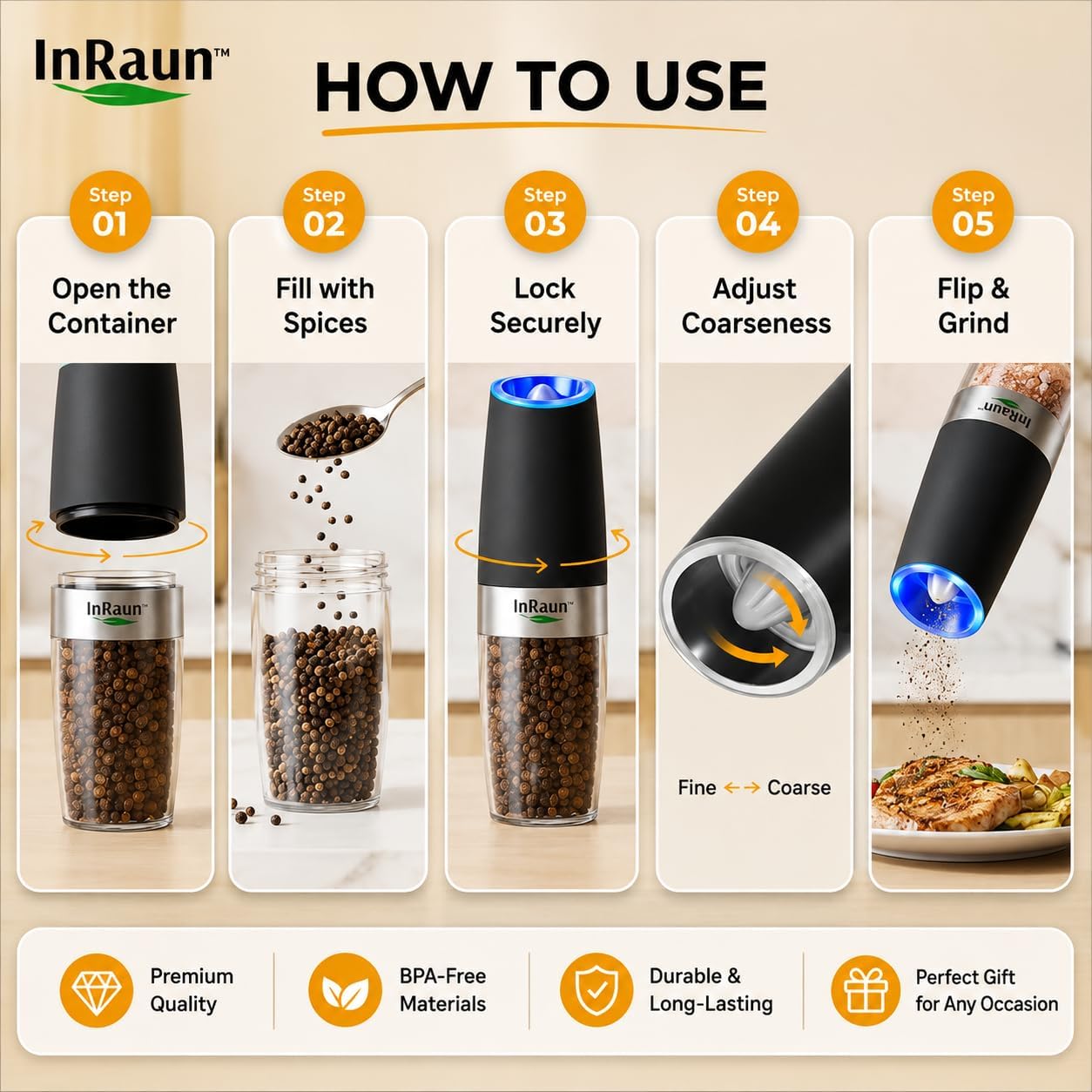 Gravity Electric Salt & Pepper Grinder Set – End Messy, Uneven Seasoning, Zero Clogging, Grind Fresh, One-Hand Automatic, Adjustable Coarseness, LED Light, Stainless Steel Mills, Black (2Psc)