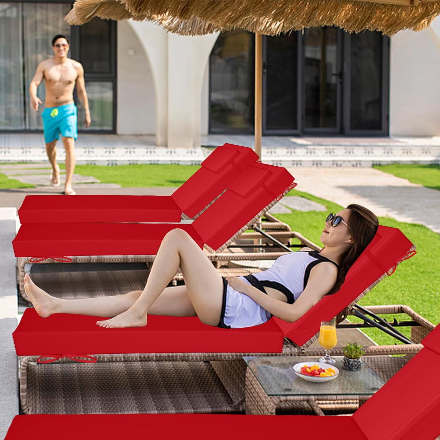 Chaise Lounge Cushions Outdoor Set of 2, Lounge Chair Cushion with Pillow,Waterproof Fade & Tear Resistant Sun Lounger Replacement Pad with Removable Cover for Patio Pool Deck Lawn(Red, 72x21x3 in)