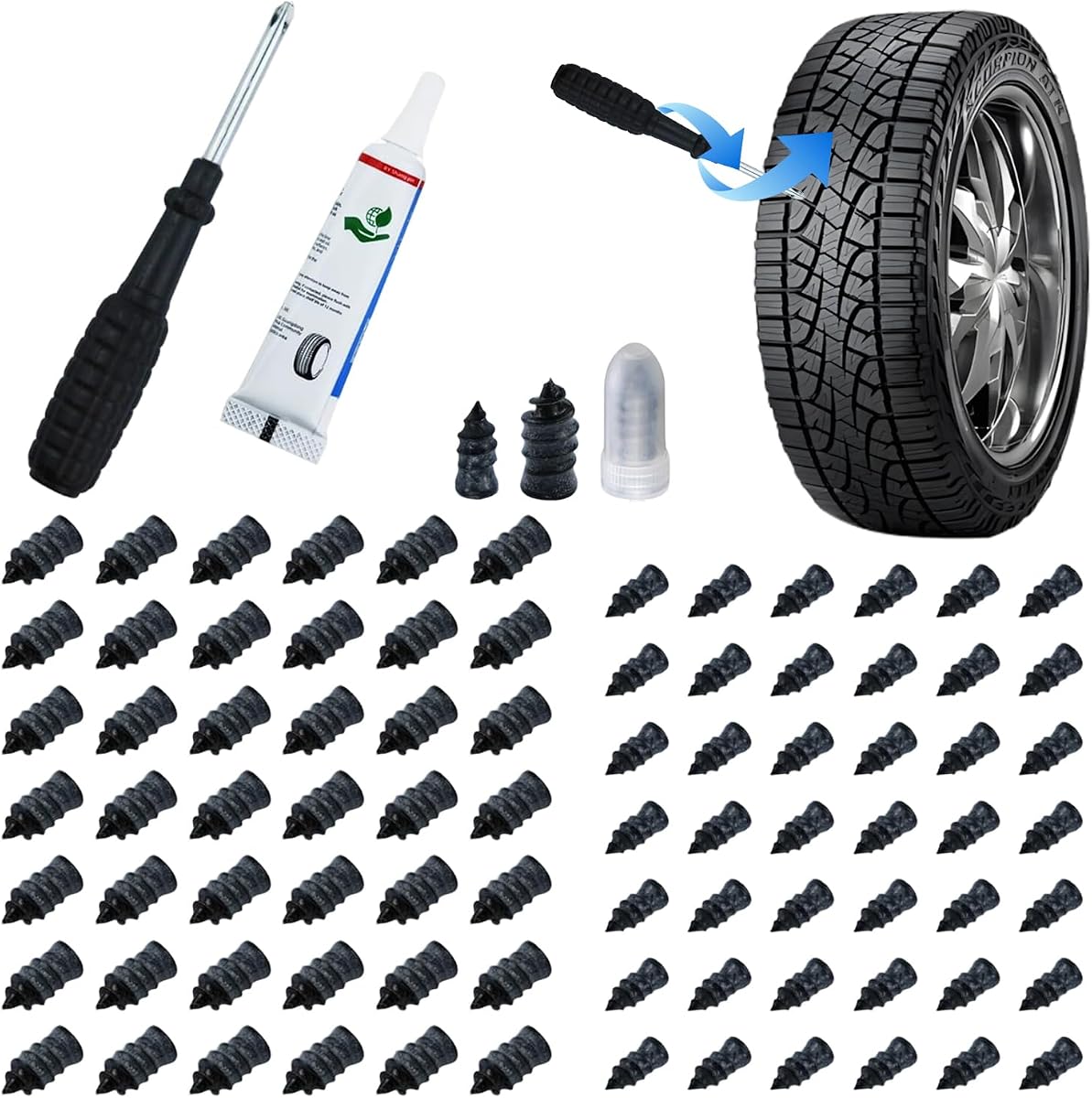 72 Pcs Tire Repair Rubber Nail Kit with Sealant Glue & Screwdriver | Self-Service Tubeless Tire Puncture Repair Screws, 2 Sizes for Car, Motorcycle, Truck, ATV, Tractor, Lawn Mower