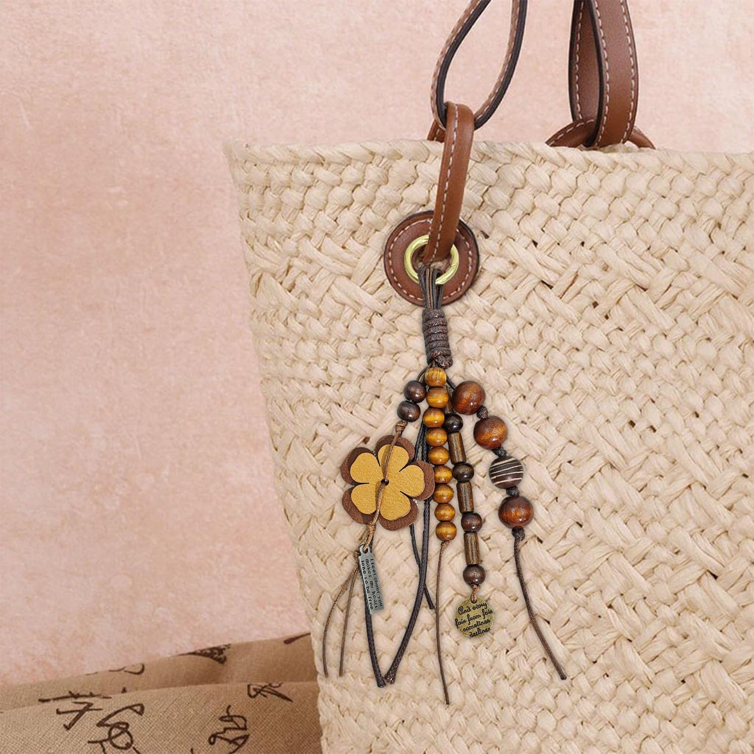 Natural Bodhi Wood Beaded Bag Keyring Hand-Woven Cowhide Lanyard with Wish Seeds Purse Charm Key Chain Pendant - Image 2