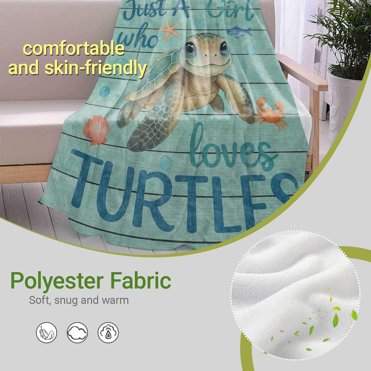 Cute Turtle Lightweight Throw Blanket, Cartoon Ocean Animal with Starfish and Shell, Warm Soft Cozy Flannel Blankets, Couch Bed Home Decor All Season Use, 60x50in, Teal, Gifts for Girls Women - Image 3