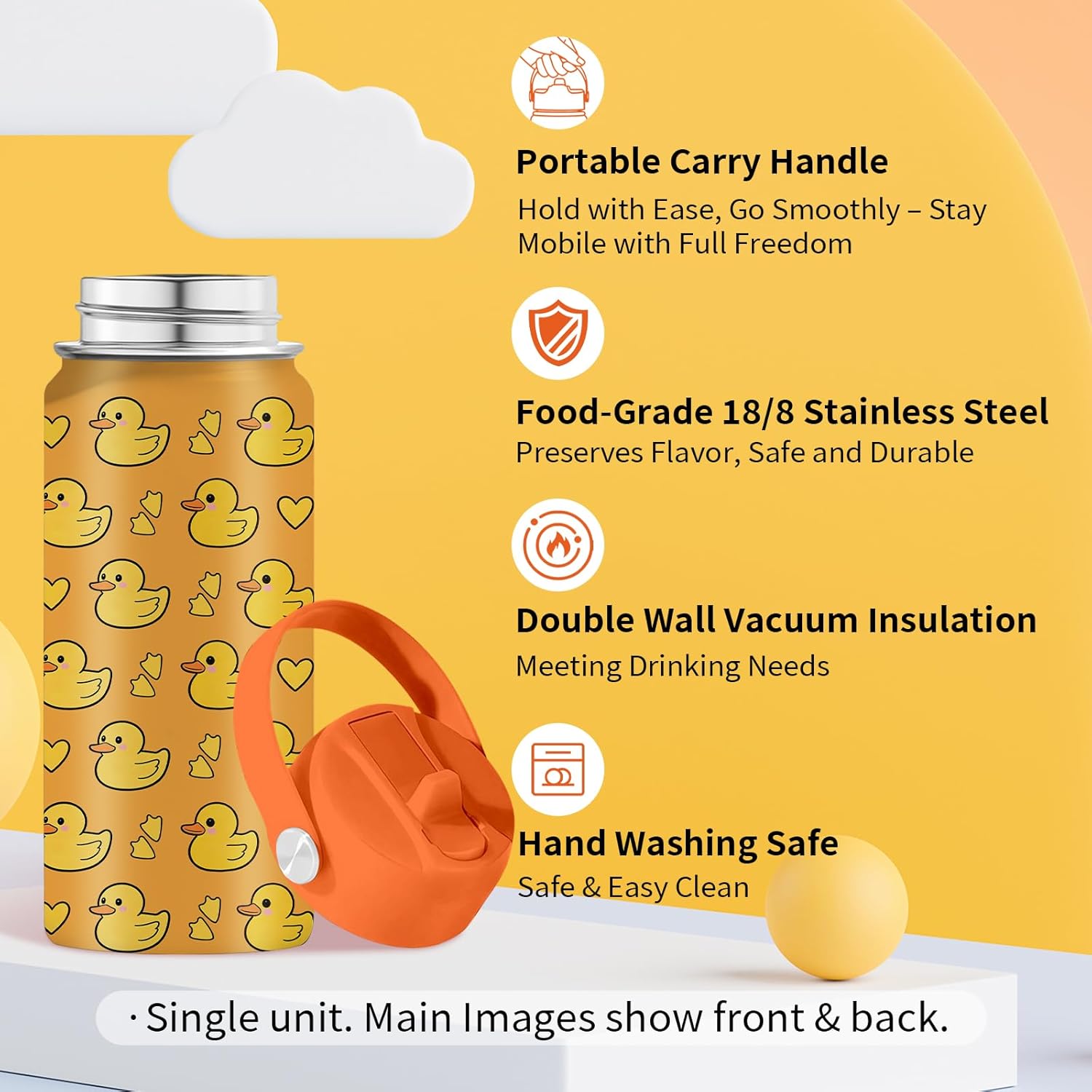 16oz Yellow Duck Water Bottle with Straw Lid for Duck Lover, Stainless Steel Insulated Tumbler, Leakproof, BPA-Free, for Travel, Sport, Birthday Gift Cup - Image 4