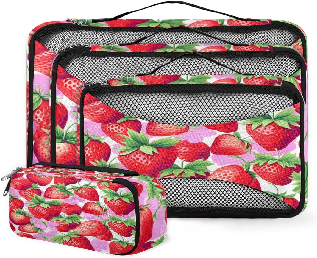 4 Set Packing Cubes for Suitcases, Travel Essentials for Carry on Luggage, Artistic Strawberry Suitcase Organizers for Clothes Shoes Toiletries Travel Accessories in 4 Sizes - Watercolor Strawberry