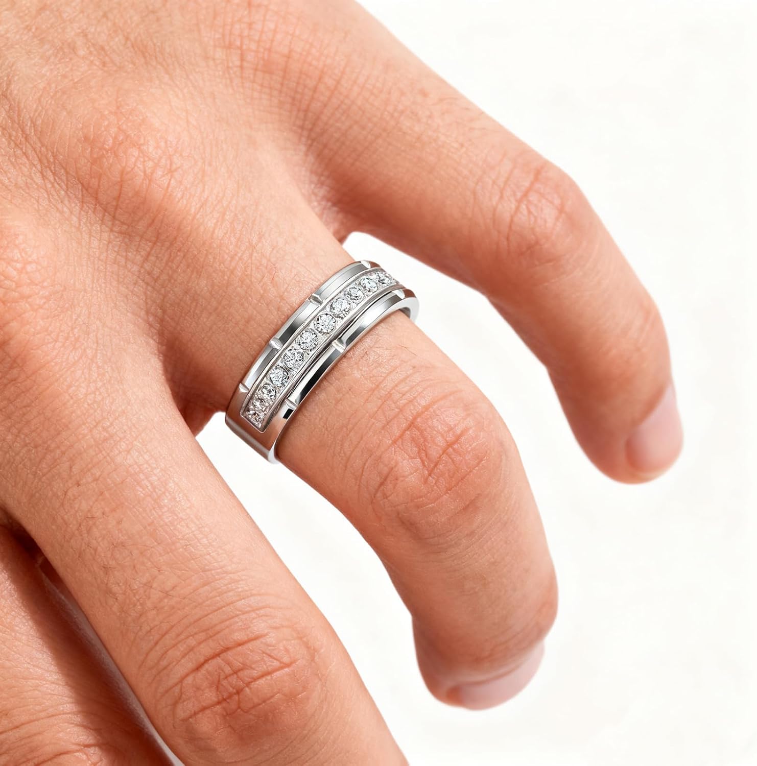 Mens Wedding Band Tungsten Tungsten Carbide Rings for Men with Polished Step Edges Cubic Zirconia Comfort Fit Size 8-14