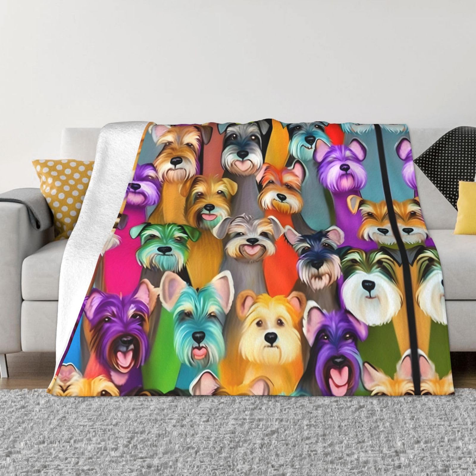 Coperta decorativa in morbida flanella calda e accogliente per bambini, cane, gatto, 127 x 152 cm, stampa con simpatici cani Schnauzer a olio