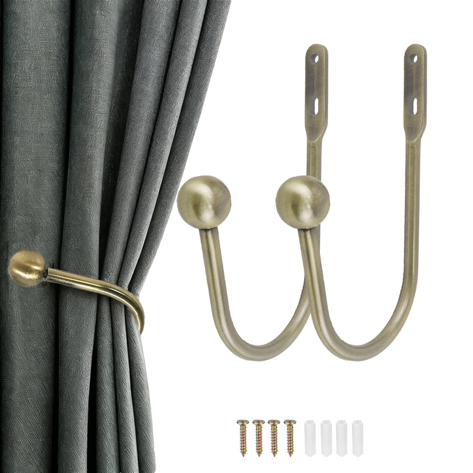 2PCS Curtain Tie Backs, Curtain Holdbacks Wall Mounted Window, Retro U-Shaped Wall Mounted Metal Hooks Decorative Drapery Holder with Screws for Bedroom Fixed Curtains or Hanging Items (Brass)