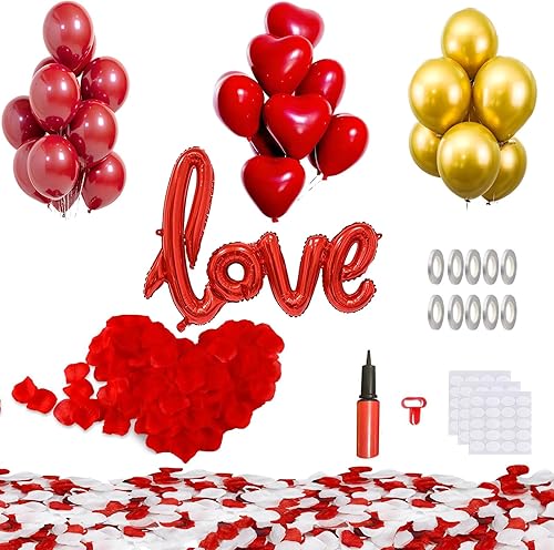 Juego de 66 globos y globos de corazón con texto en inglés "I Love You" y 2000 pétalos de rosa de 42 pulgadas, globos dorados, kit de decoración