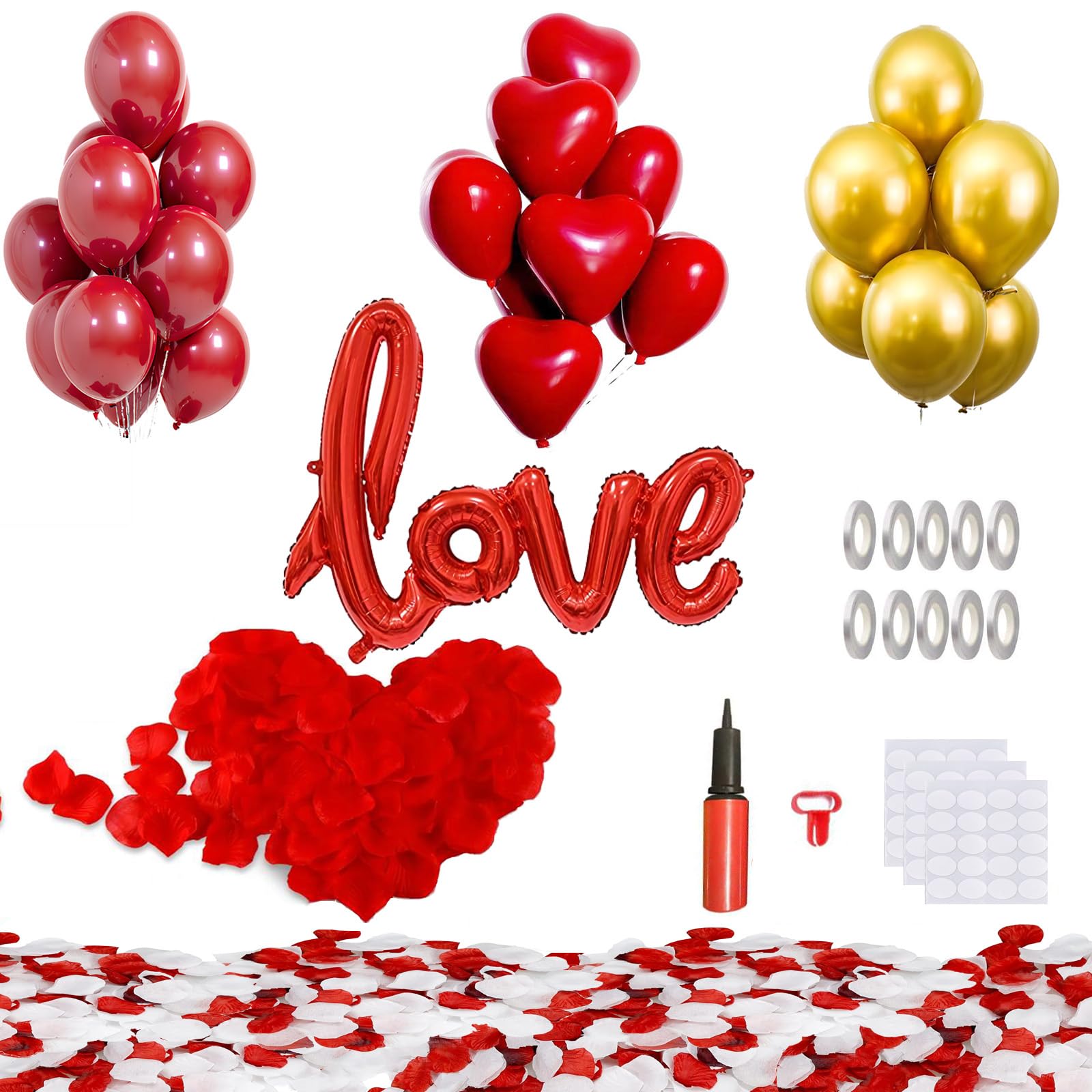66Pcs I Love You Balloons and Heart Balloons Kit & 2000 PCS Rose Petals 42" Love Balloon, Gold Balloons, Romantic Decoration Kit Double-Layer for