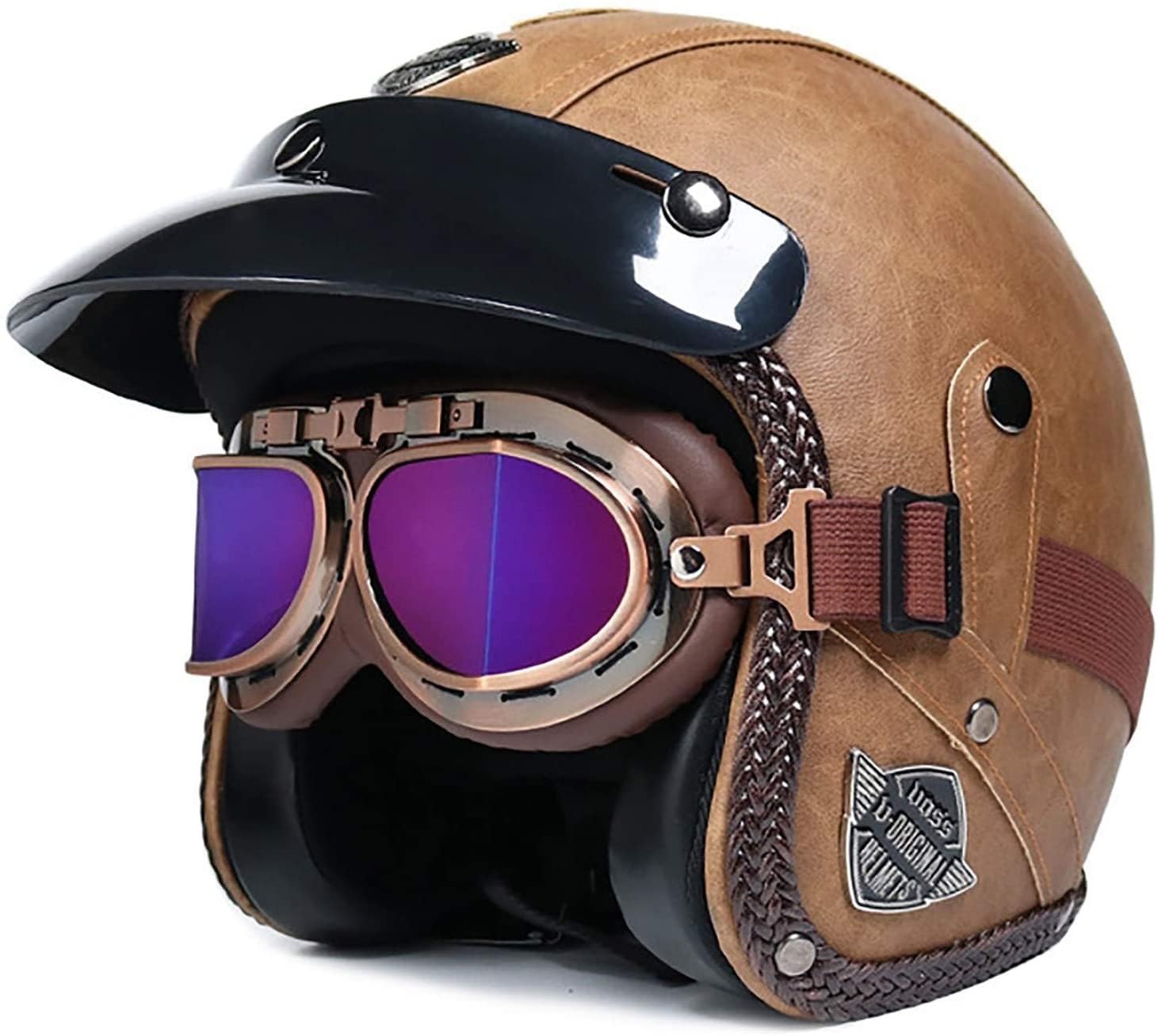 Casque jet moto en cuir PU rétro taille L avec lunettes de protection