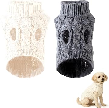 2PCS Dog Jumpers, Dog Jumper, Cozy Knit Sweater for Puppies and Small Breeds, Warm Winter Clothes with Turtleneck White+Dark Grey