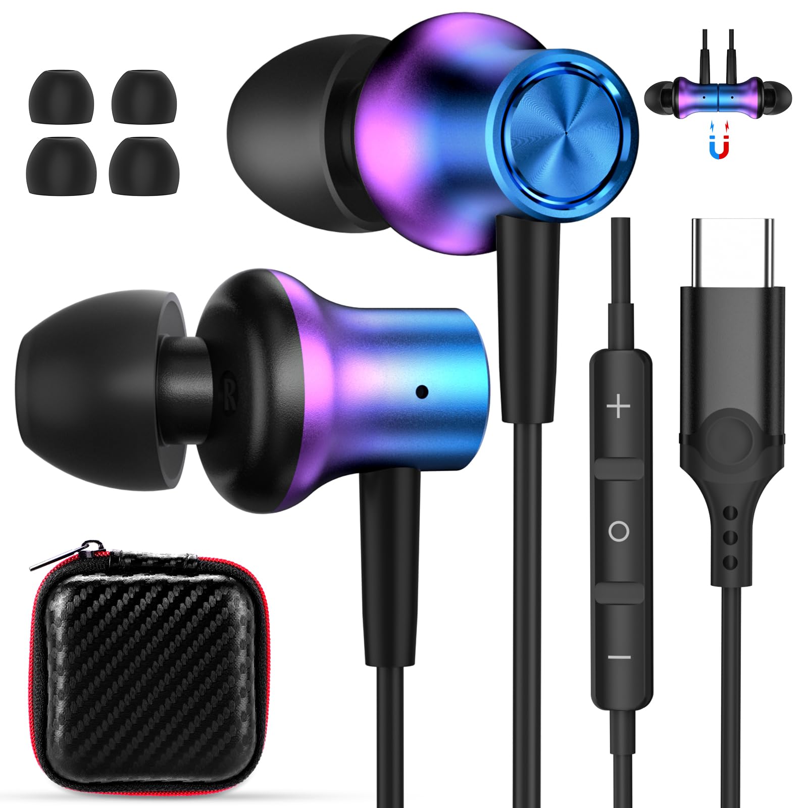 USB C Earbuds for iPhone 17 Pro Max Air 16 16e 15 Type C Earphone for iPad A16 10 Magnetic Wired Headphone Samsung S25 FE S24 Ultra S23 Galaxy A17 Google Pixel 9a 9 8a 8 In Ear Noise Canceling Headset