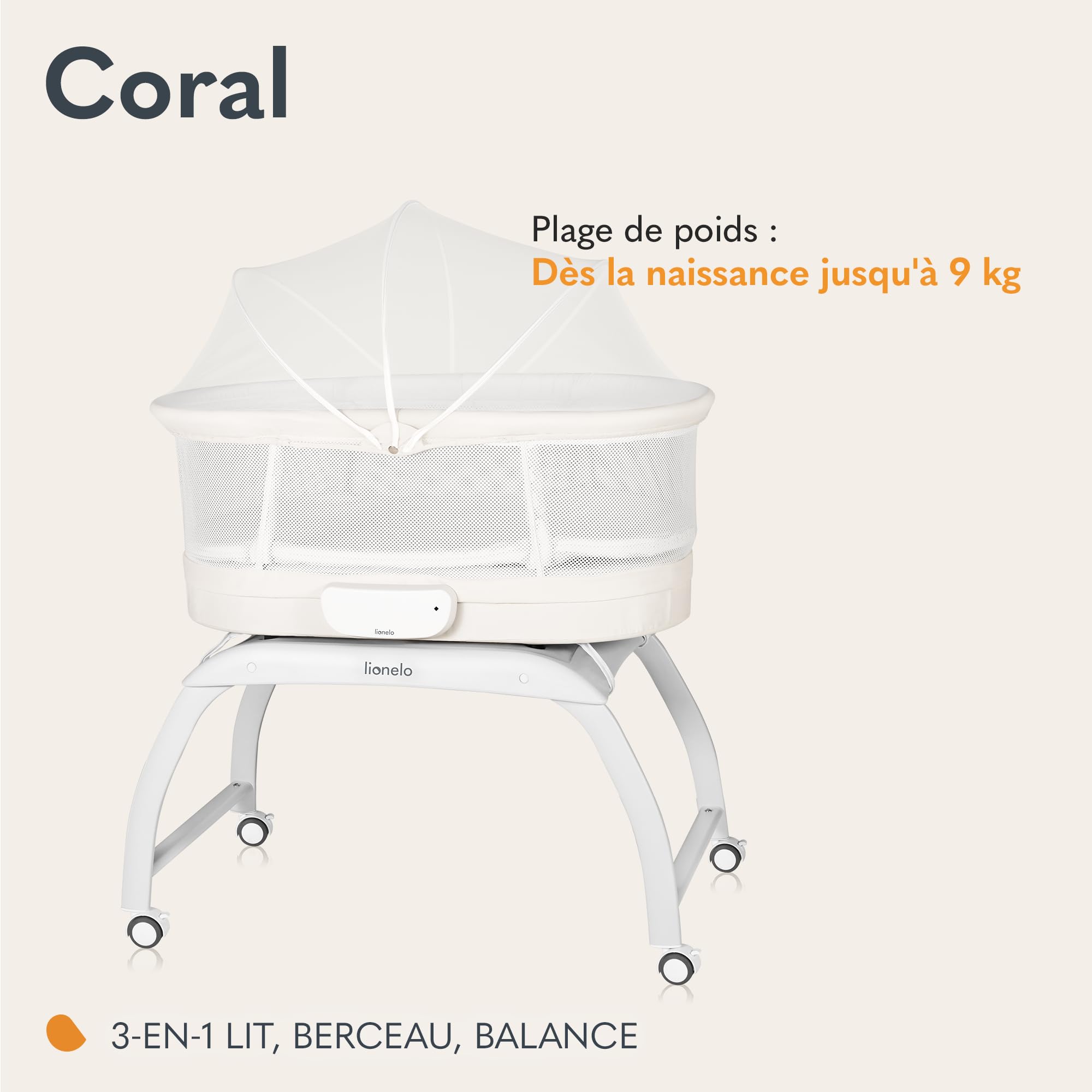 LIONELO Coral 3 en 1 Lit Bébé jusqu'à 9 kg, Berceau, Pèse-bébé, 5 Vitesses de Balancement, 12 Mélodies 4 roulettes Matelas Ergonomique Minuterie Télécommande Moustiquaire