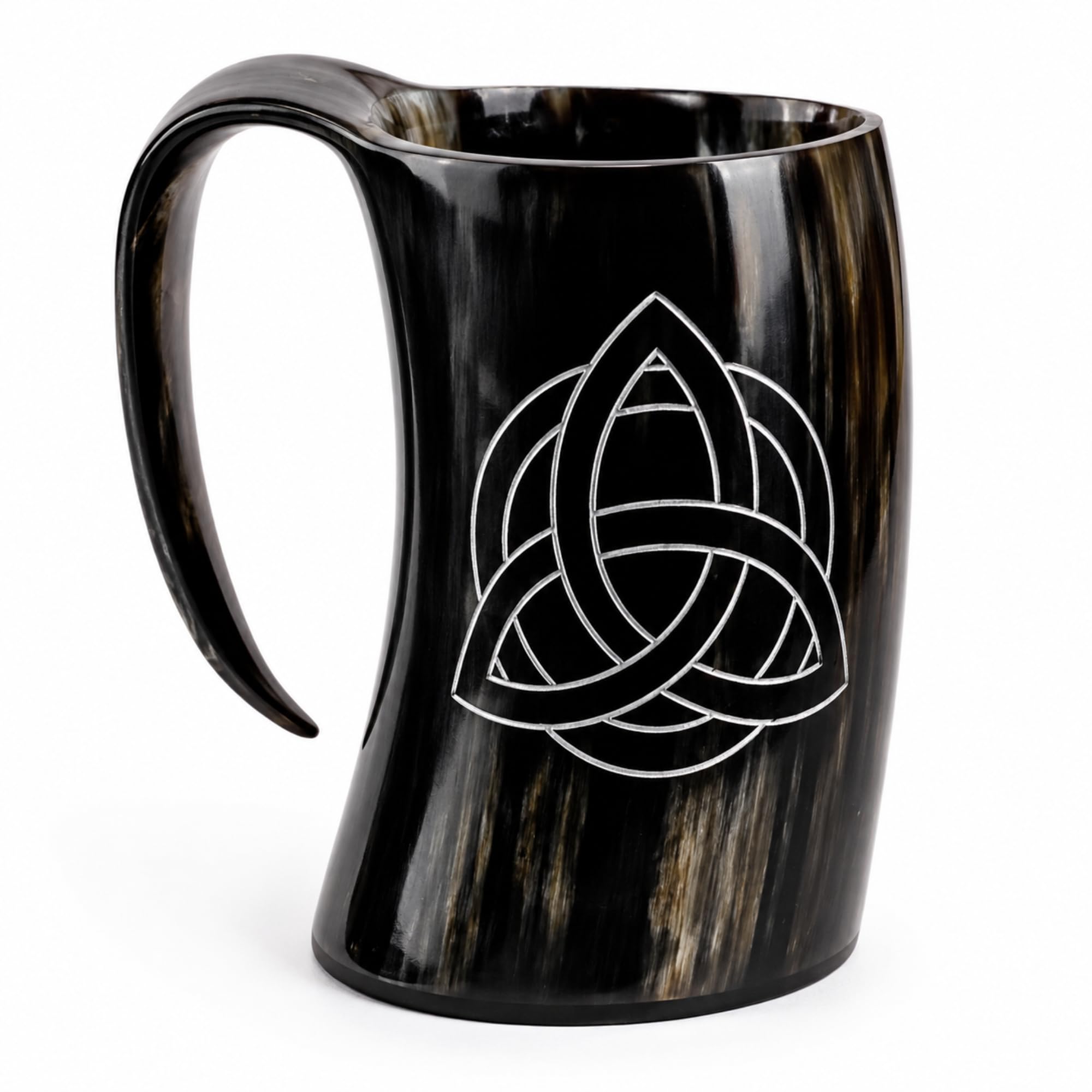 Original 100% Natural Handcrafted Horn Tankard – Viking Style Drinking Mug with Handle, Low Polished Animal Horn Cup for Ale, Beer, Mead & Decor. (Norse Val Knut, multicolor)
