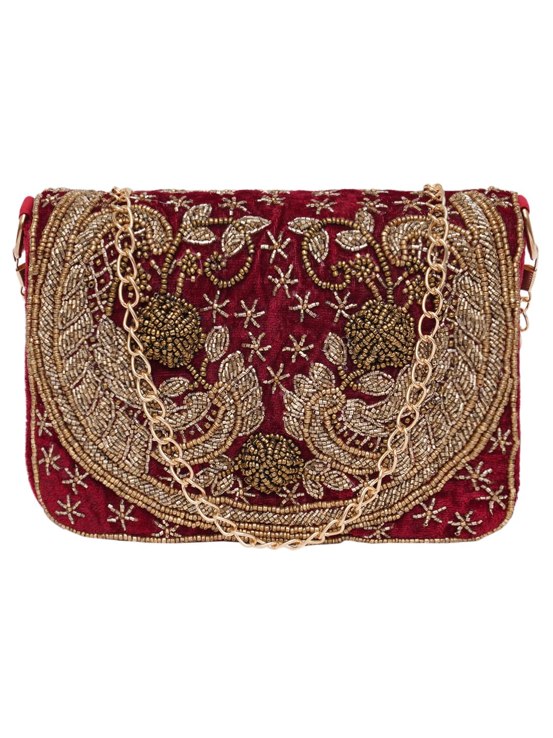 Women's Maroon Beaded Hand Embroidered Party/wedding/Ethnic Box Clutch Bag Purse with chain strap-image-6