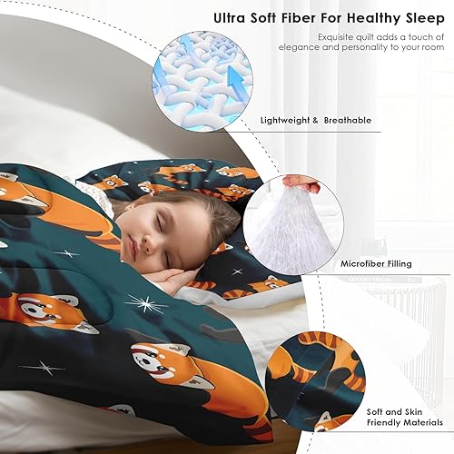 Miniatura 5 de Juego de edredón tamaño matrimonial, lindo juego de ropa de cama suave con panda rojo para niños y adultos, divertido juego de edredón azul Kawaii