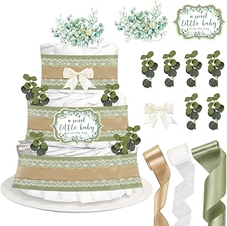 Baby Shower Greenery Diaper Cake Decorations, Birthday Party Diaper Cake Supplies Sage Green Gold,
