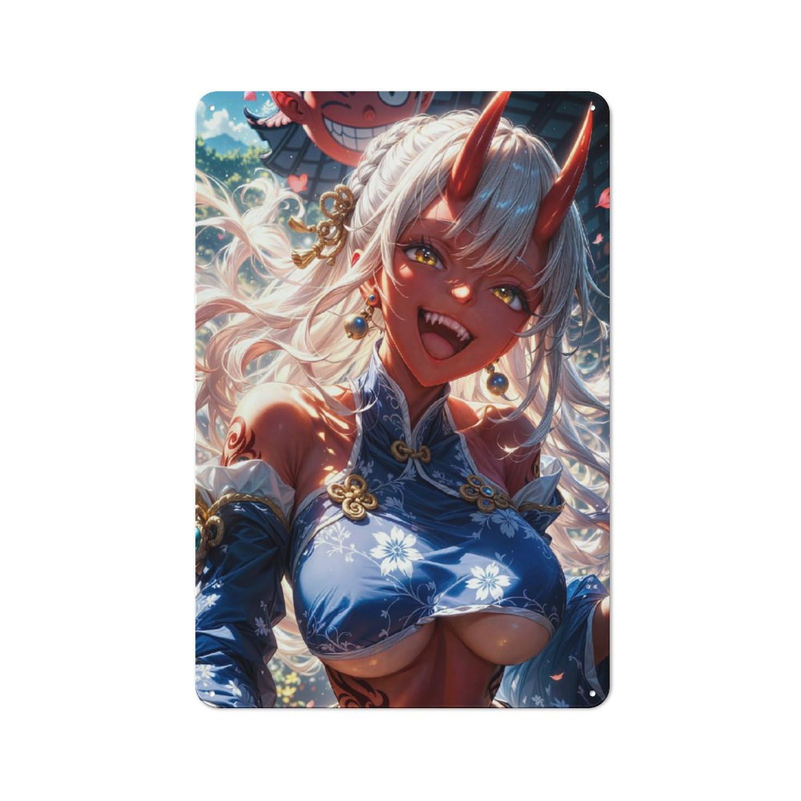 Junmoney Girls Style-21 Smiling Oni Anime Shed Style Metal Wall Decor 30X20cm, Tin Sign For Conservatory, Home Bar Or Utility Room