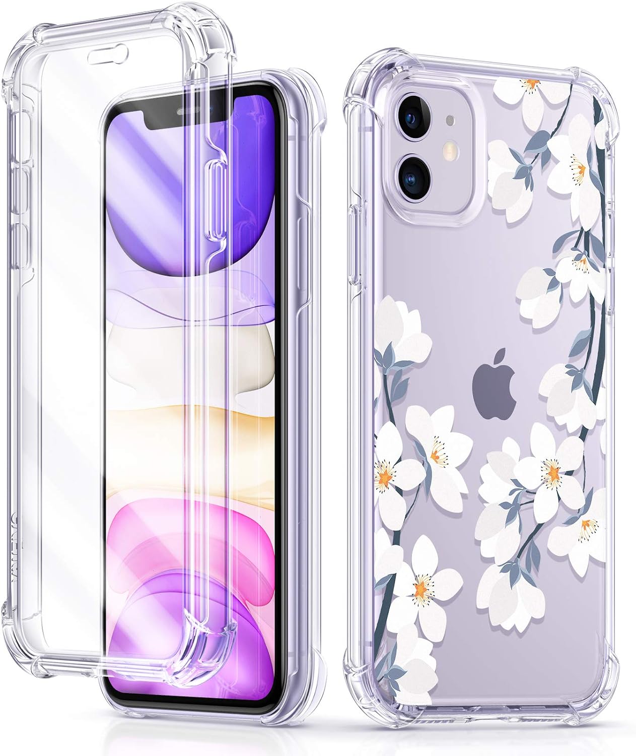 GVIEWIN Floden Series iPhone 11 Case 6.1 Inch 2019, [Built-in Tempered Glass Screen Protector] Full-Body Clear Flower Rugged Bumper Shockproof Protective Phone Cover (Windflower/White)