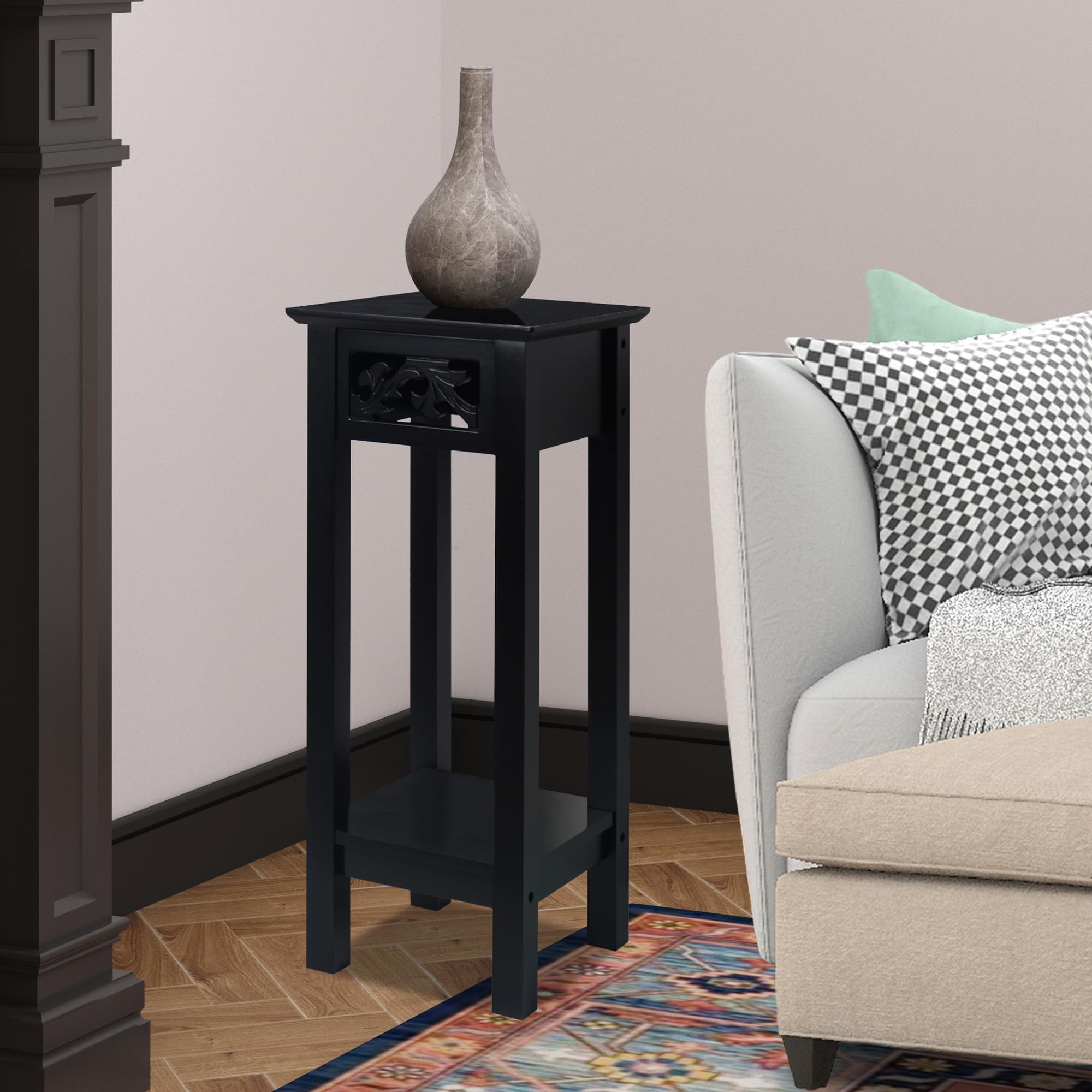 eHemco Plant Decorating Stand End Table Side Table with Storage Shelf, 10 by 10 by 23.7 Inches, Black