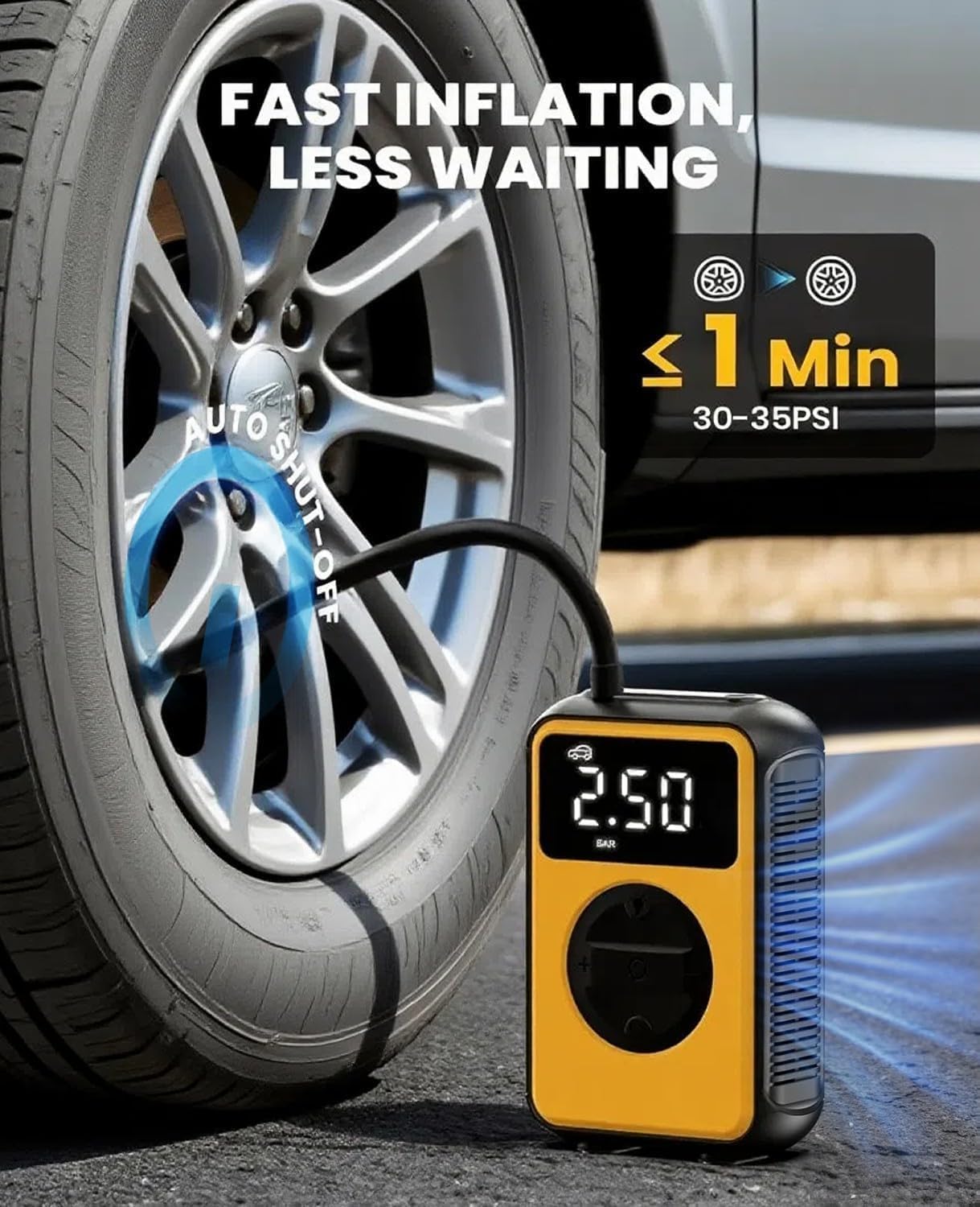 Tire Inflator Portable Air Compressor Cordless with Pressure Gauge and Auto Shut-Off Function, 2-in-1 Air Pump - 150 PSI for Car Bike Tires & 4.0 kPa for Air Mattresses and Inflatables - Image 2