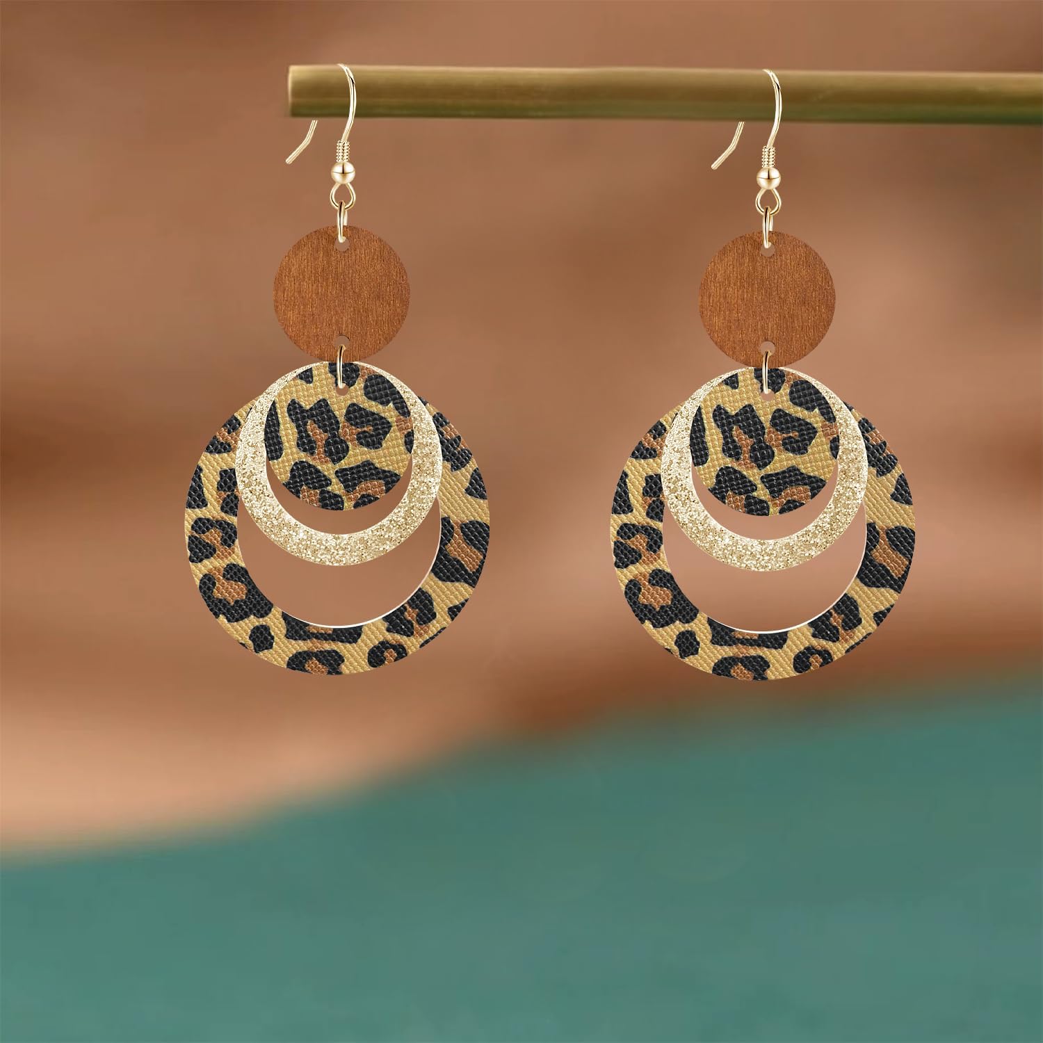 Handmade Bohemian PU Geometry Circle Dangle Drop Earrings Lightweight Nature Wooden Disc Leopard Print Hook Earrings For Women - Image 6