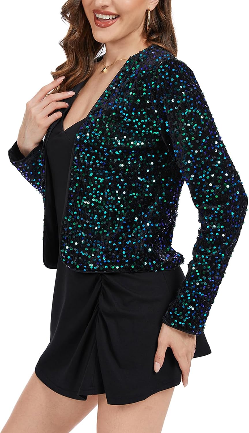 Womens Velvet Sequin Jackets Cardigan 2025 Long Sleeve Party Concert Outfits Halloween Sparkly Jacket