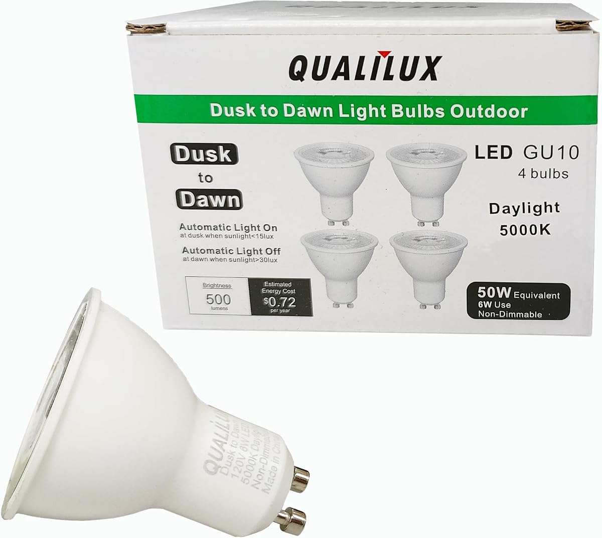 Dusk to Dawn Light Bulbs, Auto On/Off Light Sensing LED Bulbs Outdoor,Daylight, MR16 GU10 4-Pack, 6W 500LM 50W Equivalent, HQ-H045