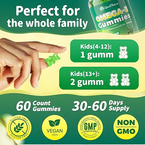 Miniatura 9 de Suplementos de ácidos grasos Omega 3 para mujer, suplemento de omega-3 vegano, 1500 mg de algas 0il (DHA 600 mg y EPA 300 mg), gomitas de cúrcuma
