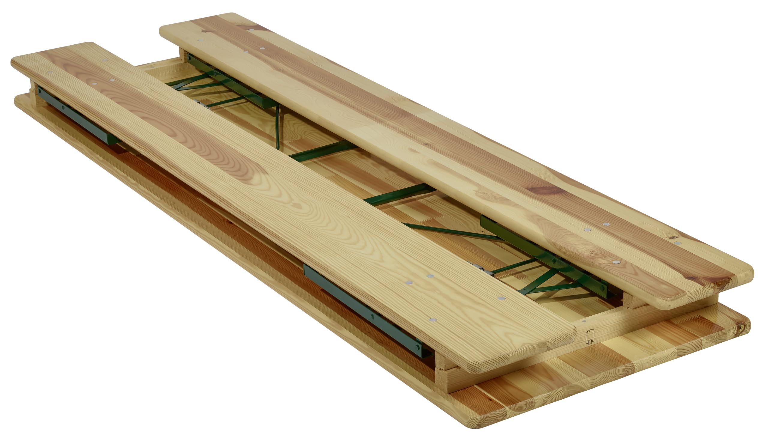 METRO Professional Bierzeltgarnitur, 3-TLG. Gartenmöbel Set, 1 Bier-Tisch 220 x 70 cm, 2 Bierbänke 220 x 25 cm, Klappbar, Naturbraun/Grün