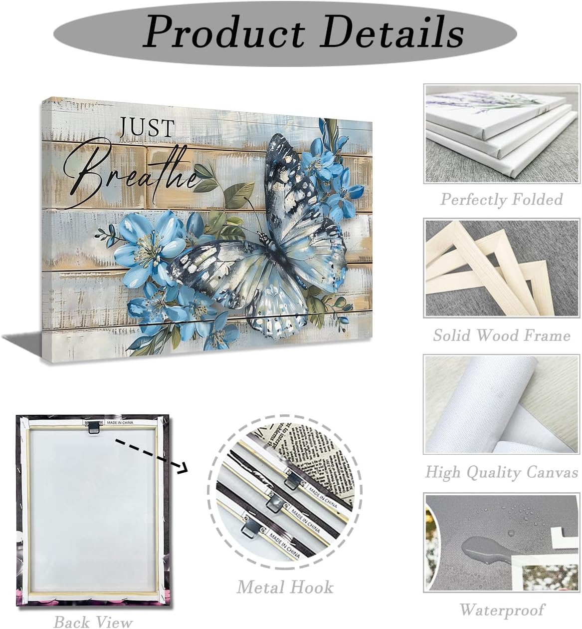 ZQQART Canvas Wall Art Vintage Inspirational Blue Flower Butterfly Picture Farmhouse Poster for Bedroom Home Decor Framed (16.00" x 24.00")