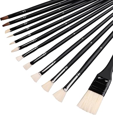 12-Piece Oil Painting Brush Set, Variety Of Brushes For Acrylic, Oil, And Watercolor Painting, Black Handles, Includes Portable Storage Case