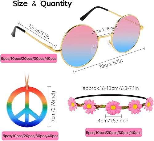 Miniatura 3 de Morcheiong Juego de 60 accesorios hippie que incluye diademas multicolor de margaritas, lentes de sol redondos y collares con signo de paz
